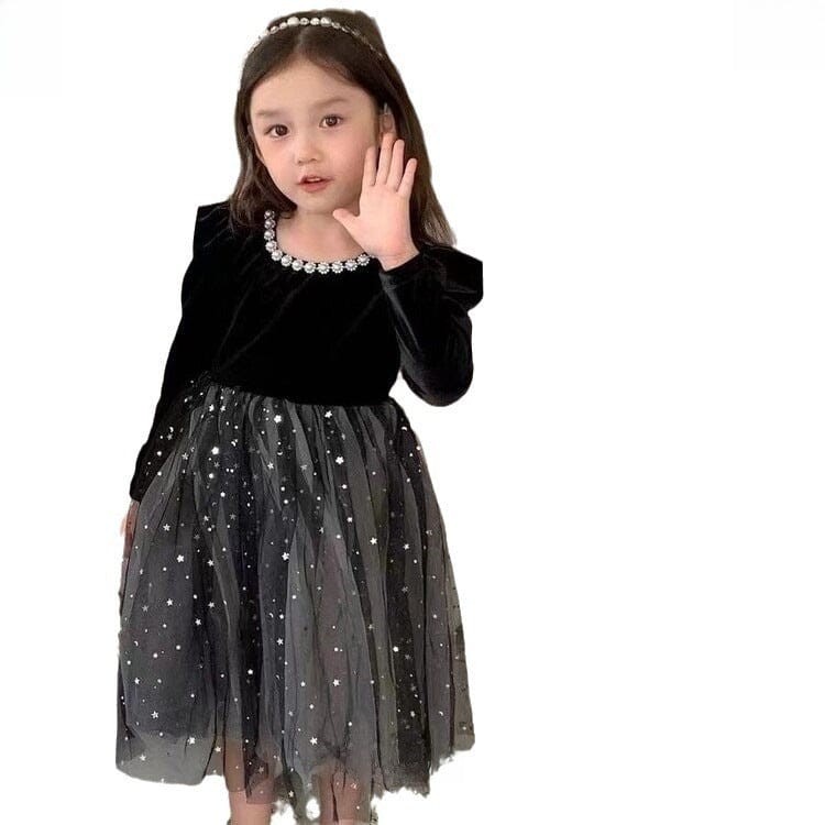 長袖ワンピース キッズワンピース スパンコールチュールスカート長袖パフスリーブドレスワンピース パーティ発表会【mh0009201】