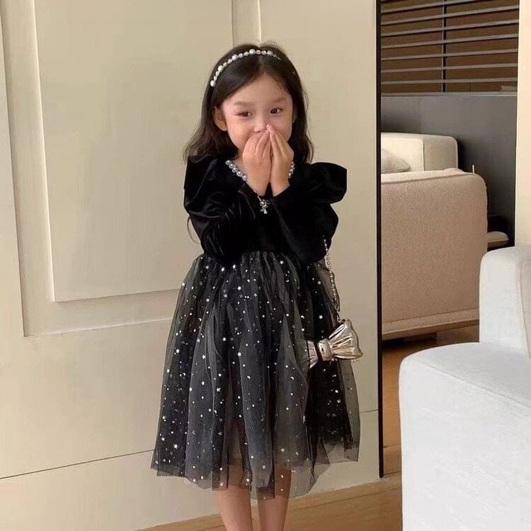 長袖ワンピース キッズワンピース スパンコールチュールスカート長袖パフスリーブドレスワンピース パーティ発表会【mh0009201】