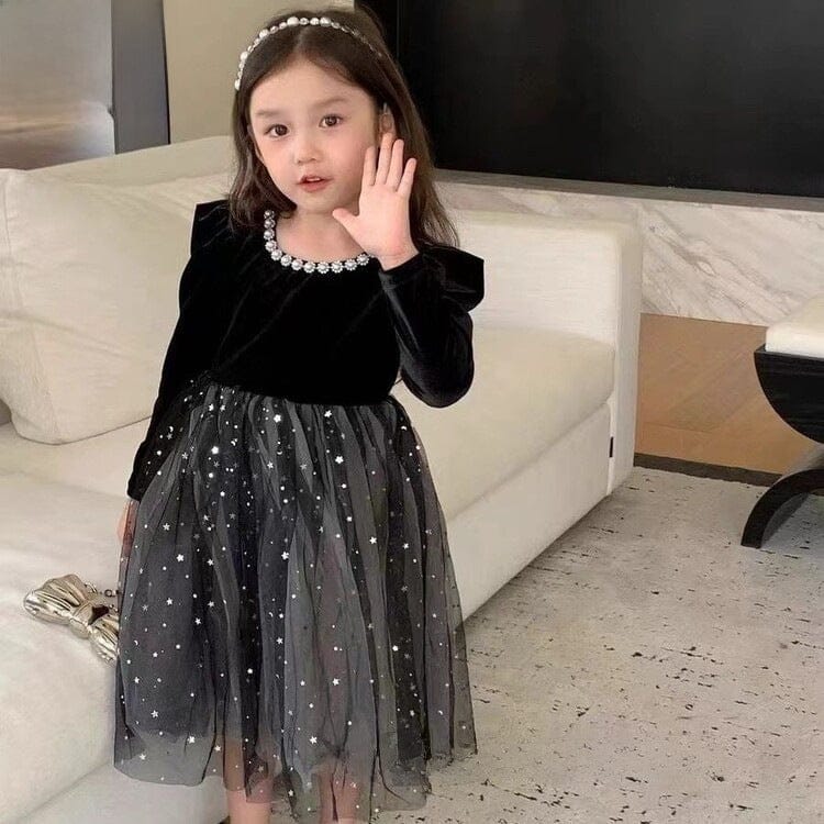 長袖ワンピース キッズワンピース スパンコールチュールスカート長袖パフスリーブドレスワンピース パーティ発表会【mh0009201】