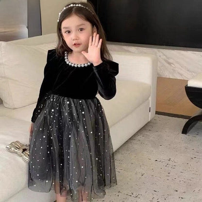 長袖ワンピース キッズワンピース スパンコールチュールスカート長袖パフスリーブドレスワンピース パーティ発表会【mh0009201】