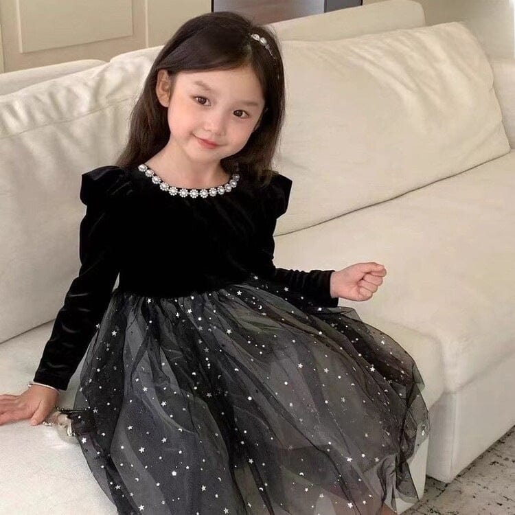 長袖ワンピース キッズワンピース スパンコールチュールスカート長袖パフスリーブドレスワンピース パーティ発表会【mh0009201】