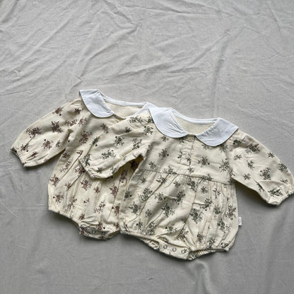 長袖ロンパース 長袖ロンパース 丸襟フラワープリントベビーボディスーツ【mh0009279】