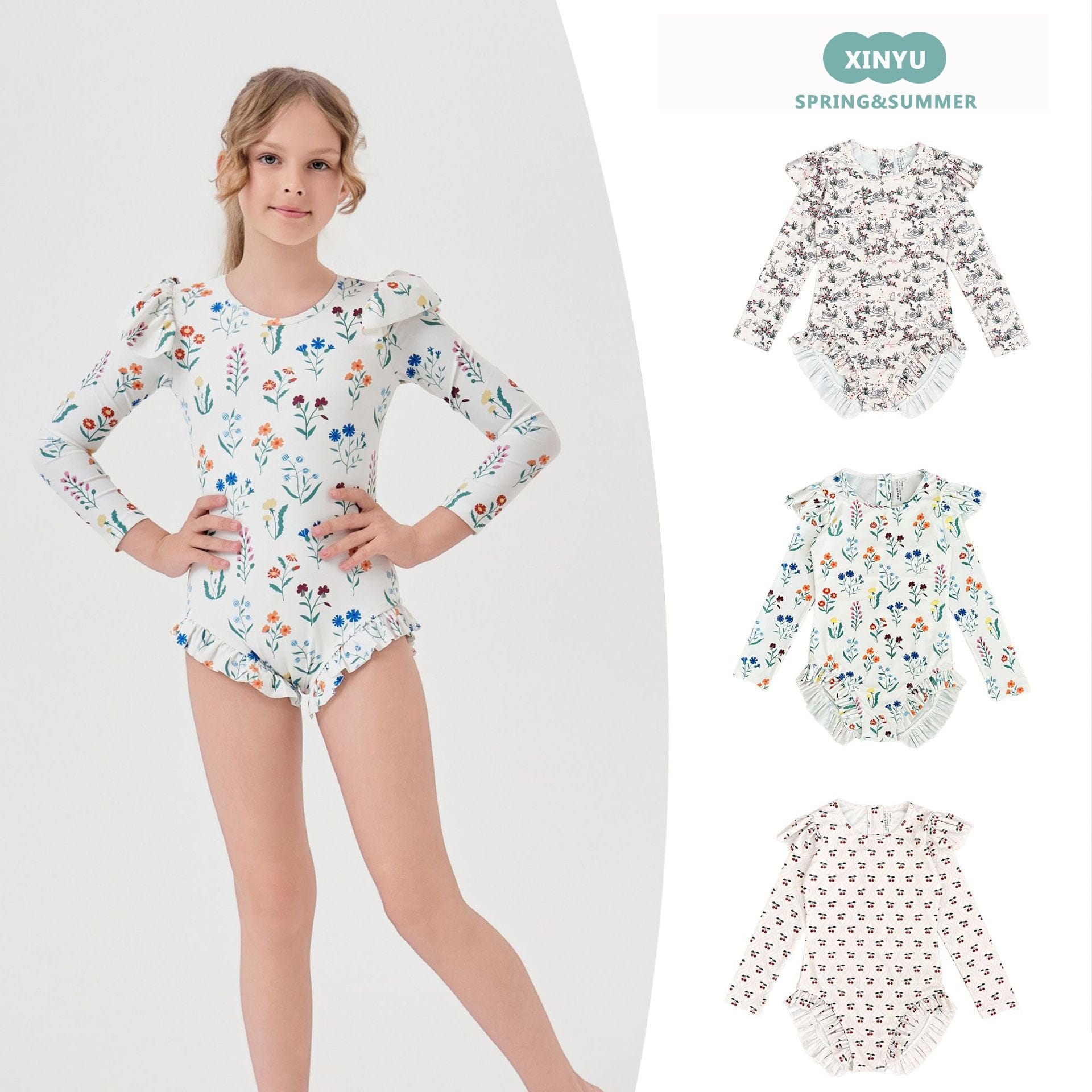 ベビー用水着 ジュニアガールズ水着 長袖ワンピーススイムウェア ラッシュガード【mh0009333】