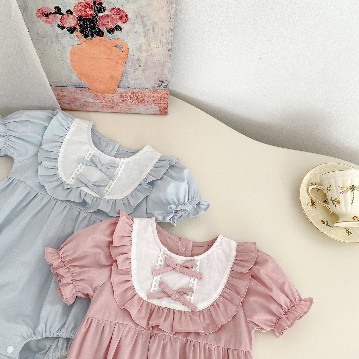 半袖ロンパース リボンフリル半袖パフスリーブロンパース【mh0009699】