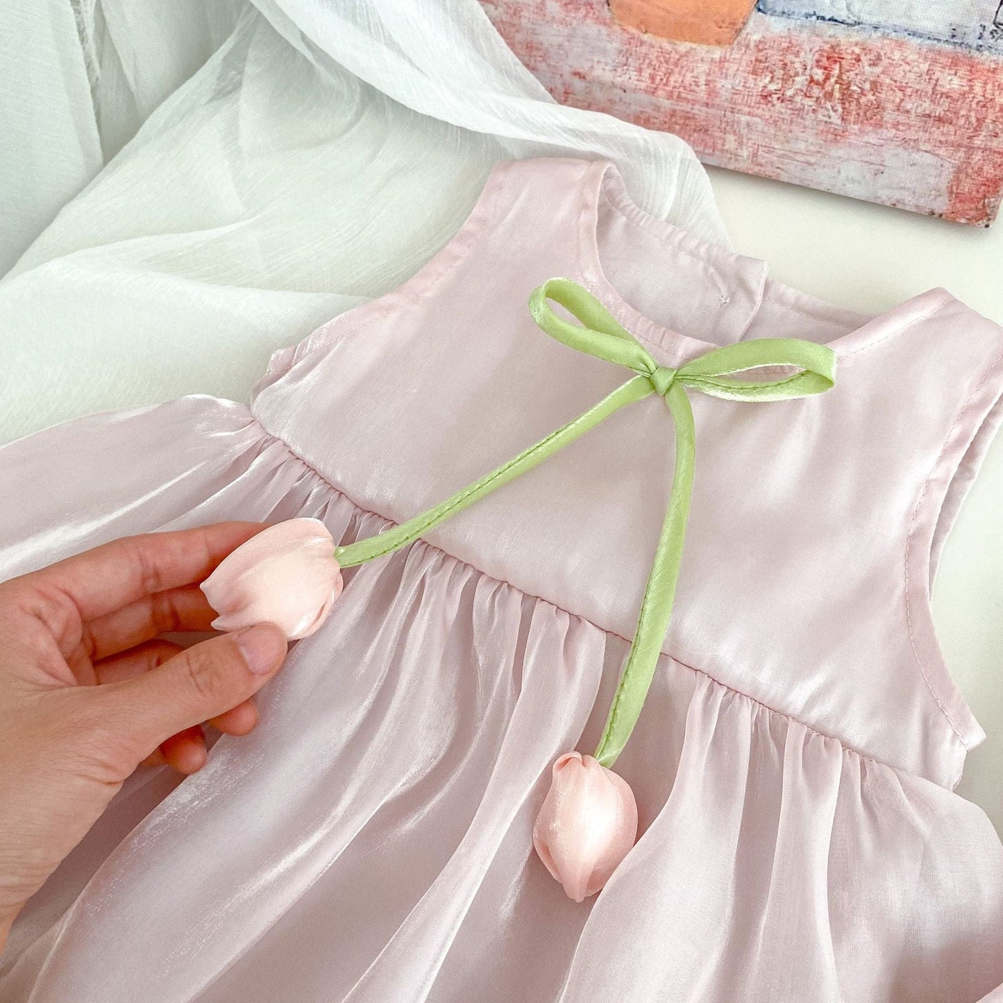 ノースリーブロンパース チューリップ/リボンスカートノースリーブロンパース【mh0009701】