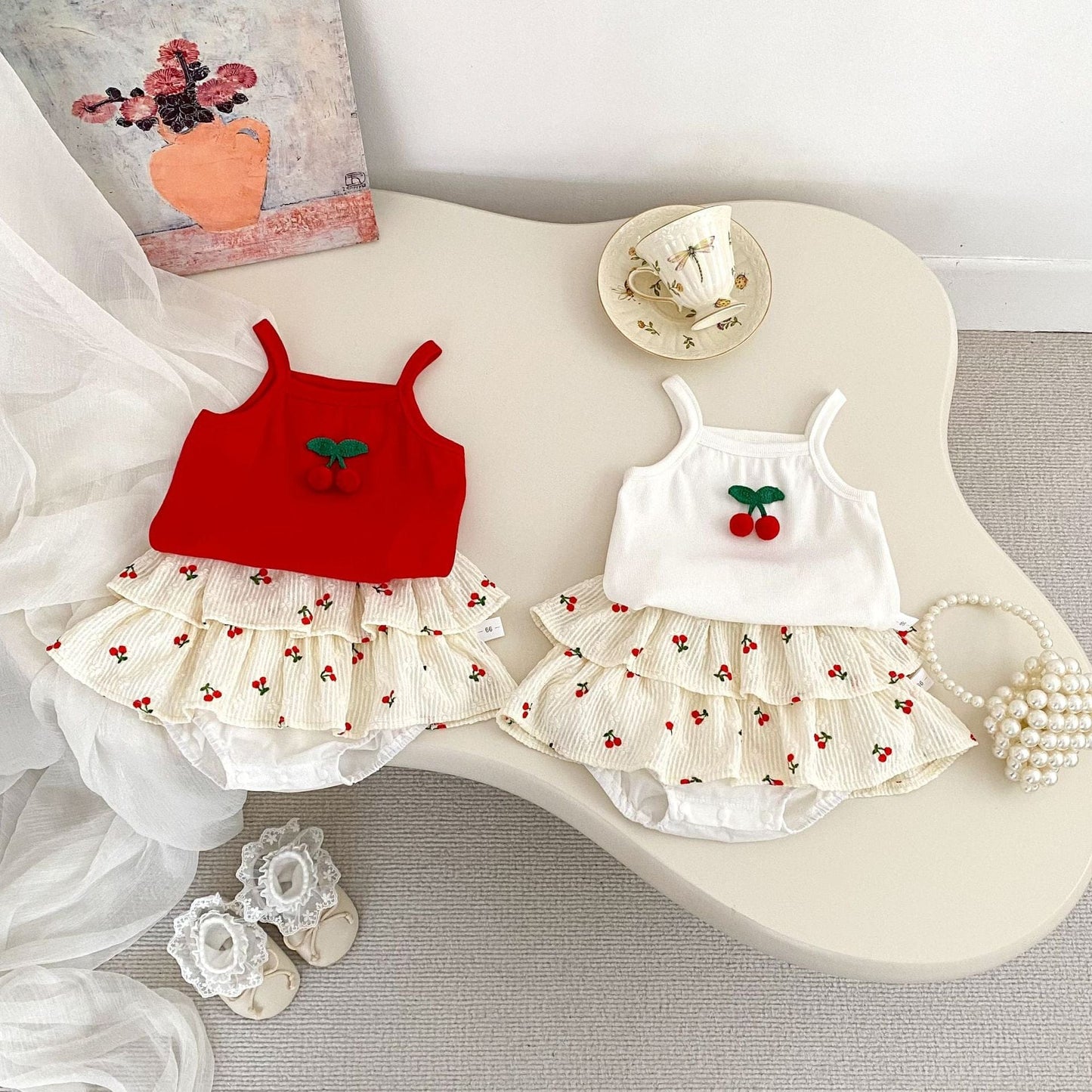 ノースリーブセットアップ チェリーワンポイントキャミソール/さくらんぼフリルブルマパンツ【mh0009703】