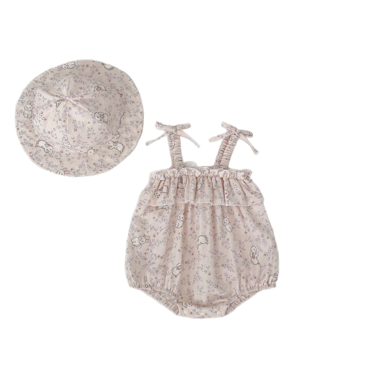 ノースリーブロンパース フラワーうさぎプリントキャミソールロンパース+帽子セット【mh0009704】