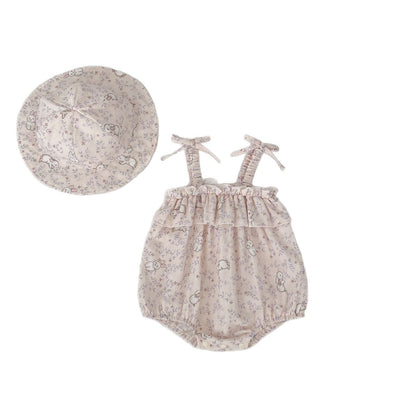 ノースリーブロンパース フラワーうさぎプリントキャミソールロンパース+帽子セット【mh0009704】