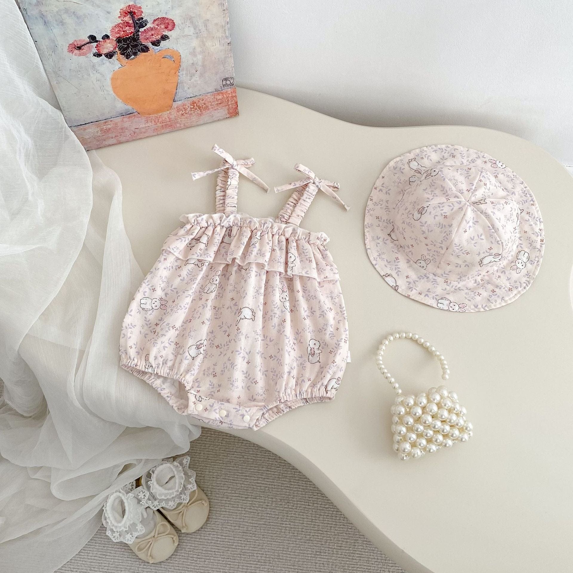 ノースリーブロンパース フラワーうさぎプリントキャミソールロンパース+帽子セット【mh0009704】