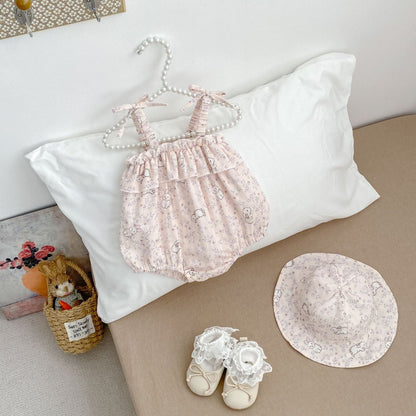 ノースリーブロンパース フラワーうさぎプリントキャミソールロンパース+帽子セット【mh0009704】