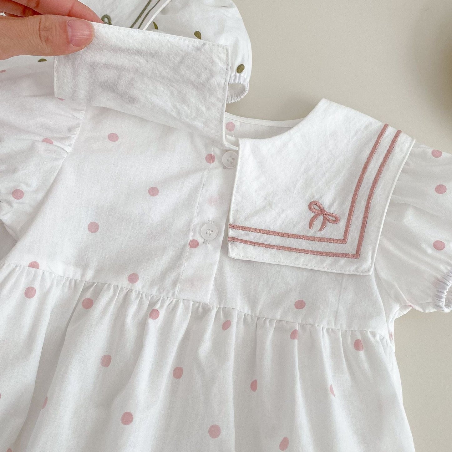 半袖ロンパース リボン水玉刺繍セーラーカラー半袖ロンパース【mh0009705】