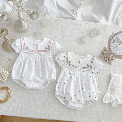 半袖ロンパース リボン水玉刺繍セーラーカラー半袖ロンパース【mh0009705】