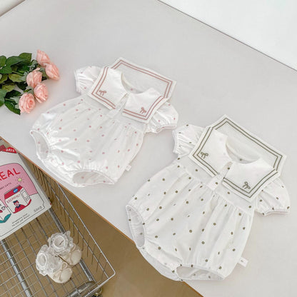 半袖ロンパース リボン水玉刺繍セーラーカラー半袖ロンパース【mh0009705】