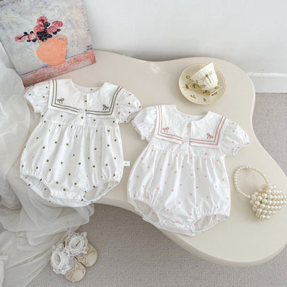 半袖ロンパース リボン水玉刺繍セーラーカラー半袖ロンパース【mh0009705】