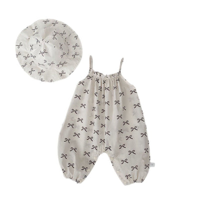 ノースリーブジャンプスーツ リボンプリントキャミソールサロペットジャンプスーツ+帽子セット【mh0009706】