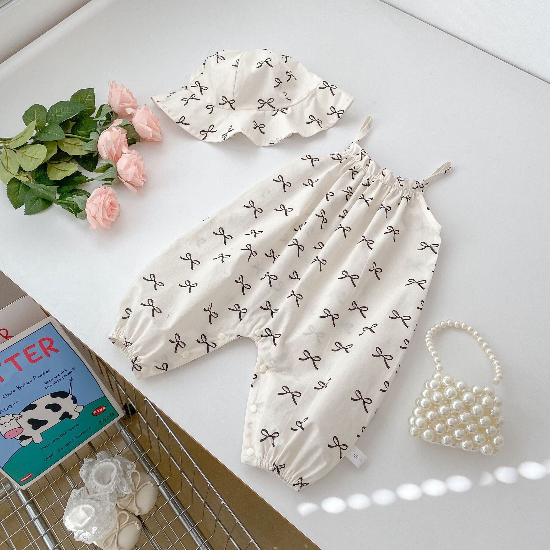 ノースリーブジャンプスーツ リボンプリントキャミソールサロペットジャンプスーツ+帽子セット【mh0009706】