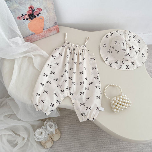 ノースリーブジャンプスーツ リボンプリントキャミソールサロペットジャンプスーツ+帽子セット【mh0009706】