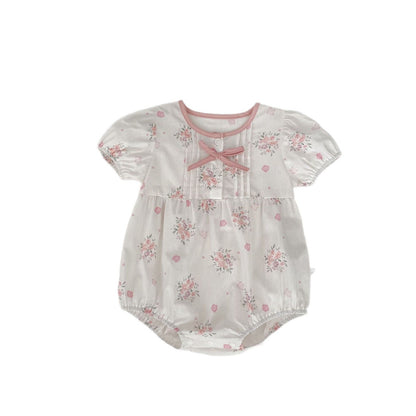 半袖ロンパース フラワープリントピンタック半袖ロンパース【mh0009707】