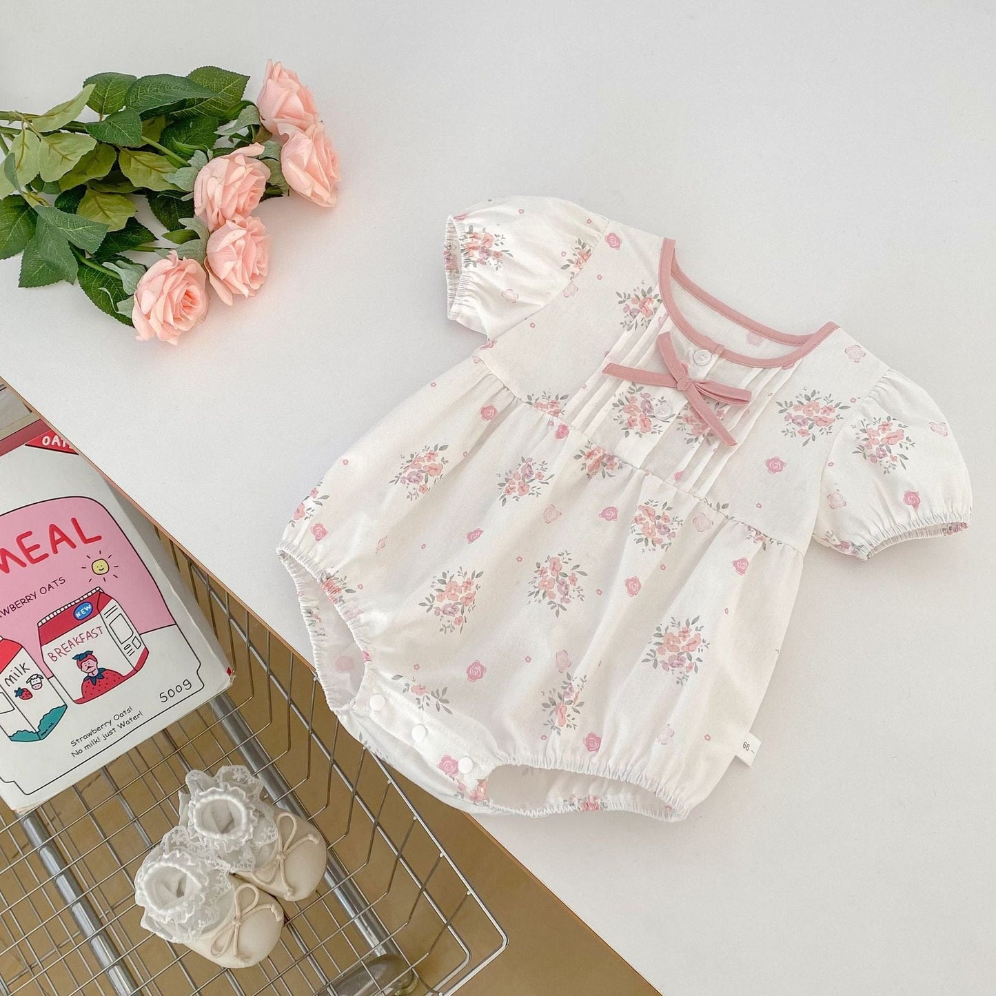 半袖ロンパース フラワープリントピンタック半袖ロンパース【mh0009707】