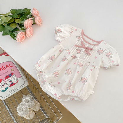 半袖ロンパース フラワープリントピンタック半袖ロンパース【mh0009707】