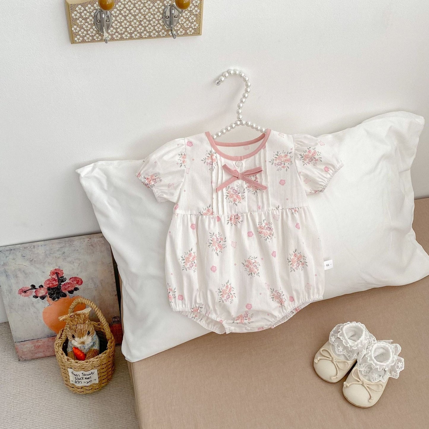 半袖ロンパース フラワープリントピンタック半袖ロンパース【mh0009707】