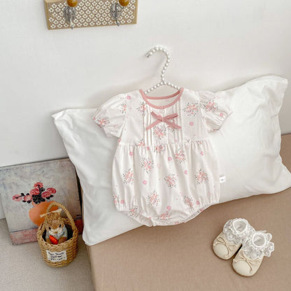 半袖ロンパース フラワープリントピンタック半袖ロンパース【mh0009707】