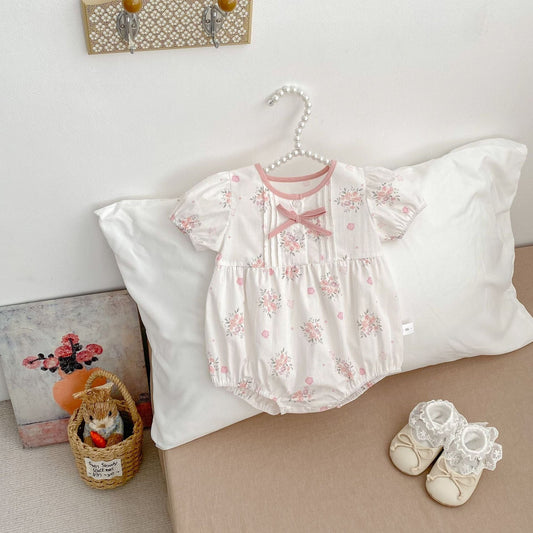 半袖ロンパース フラワープリントピンタック半袖ロンパース【mh0009707】