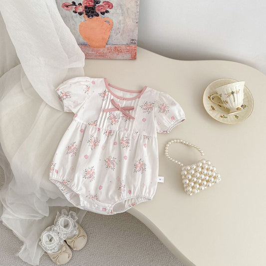 半袖ロンパース フラワープリントピンタック半袖ロンパース【mh0009707】