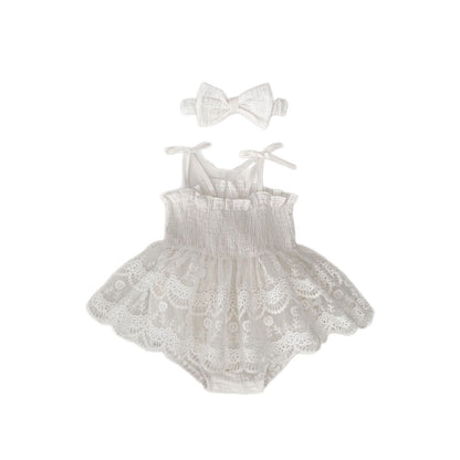 ノースリーブロンパース チュールレーススカートシャーリングキャミソールロンパース+リボンヘアバンドセット【mh0009708】