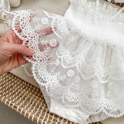 ノースリーブロンパース チュールレーススカートシャーリングキャミソールロンパース+リボンヘアバンドセット【mh0009708】