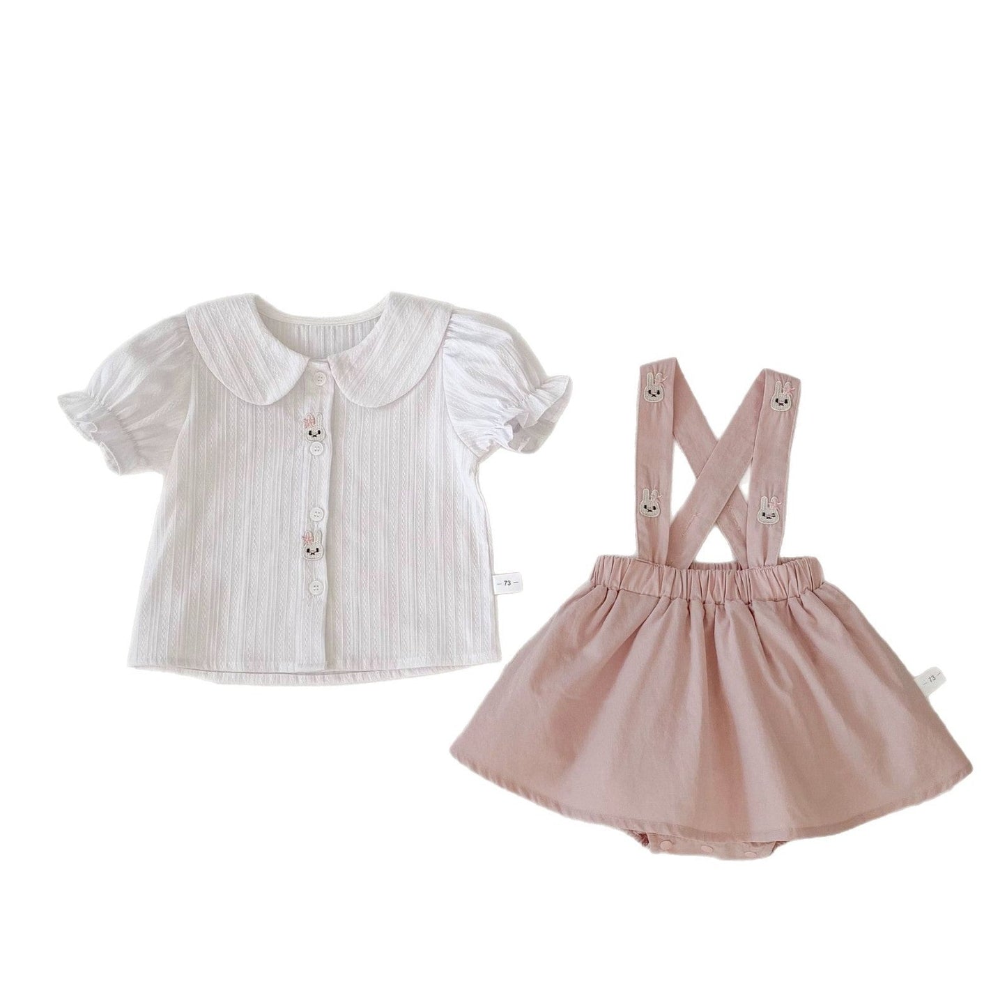 半袖セットアップ うさぎ刺繍半袖ブラウス/サスペンダースカートパンツ【mh0009709】