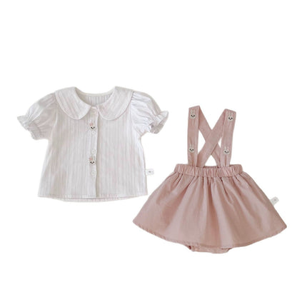 半袖セットアップ うさぎ刺繍半袖ブラウス/サスペンダースカートパンツ【mh0009709】