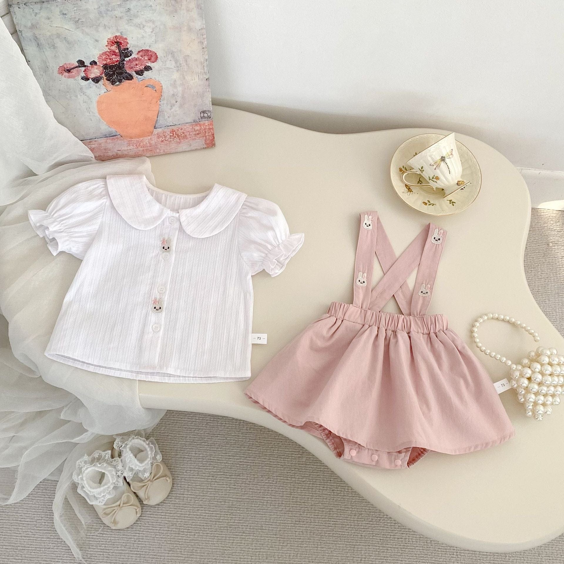 半袖セットアップ うさぎ刺繍半袖ブラウス/サスペンダースカートパンツ【mh0009709】