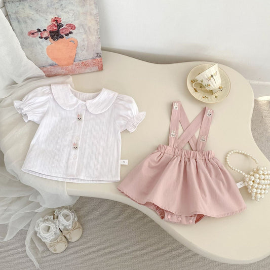 半袖セットアップ うさぎ刺繍半袖ブラウス/サスペンダースカートパンツ【mh0009709】