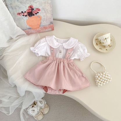 半袖セットアップ うさぎ刺繍半袖ブラウス/サスペンダースカートパンツ【mh0009709】