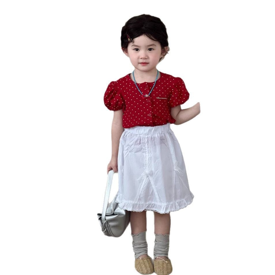 半袖セットアップ 水玉プリント半袖パフスリーブブラウス/レースフリルスカート【mh0009728】