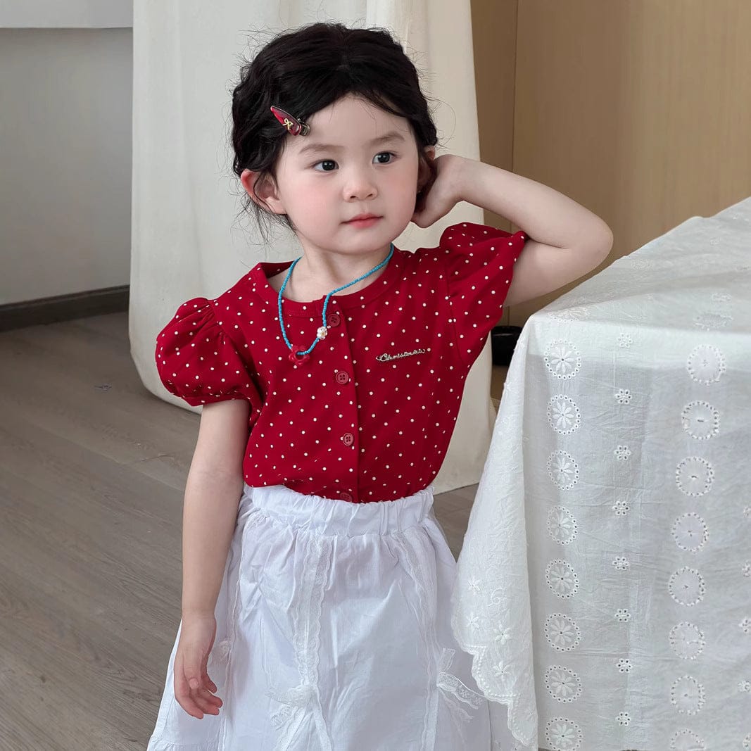 半袖セットアップ 水玉プリント半袖パフスリーブブラウス/レースフリルスカート【mh0009728】