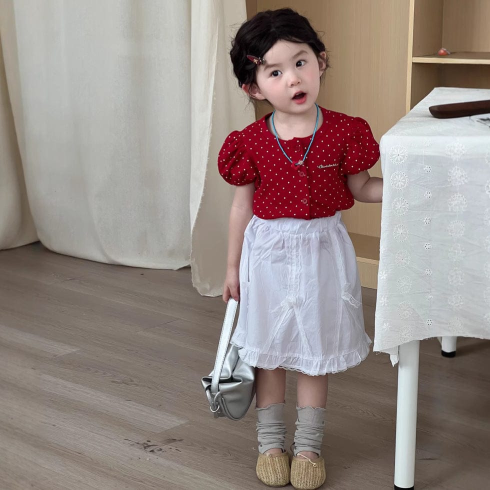 半袖セットアップ 水玉プリント半袖パフスリーブブラウス/レースフリルスカート【mh0009728】