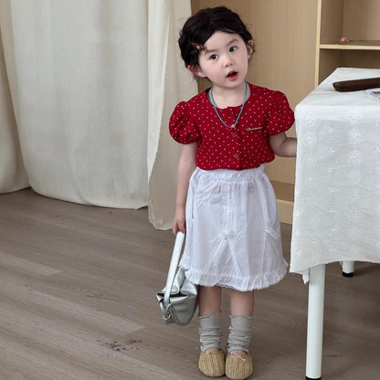 半袖セットアップ 水玉プリント半袖パフスリーブブラウス/レースフリルスカート【mh0009728】