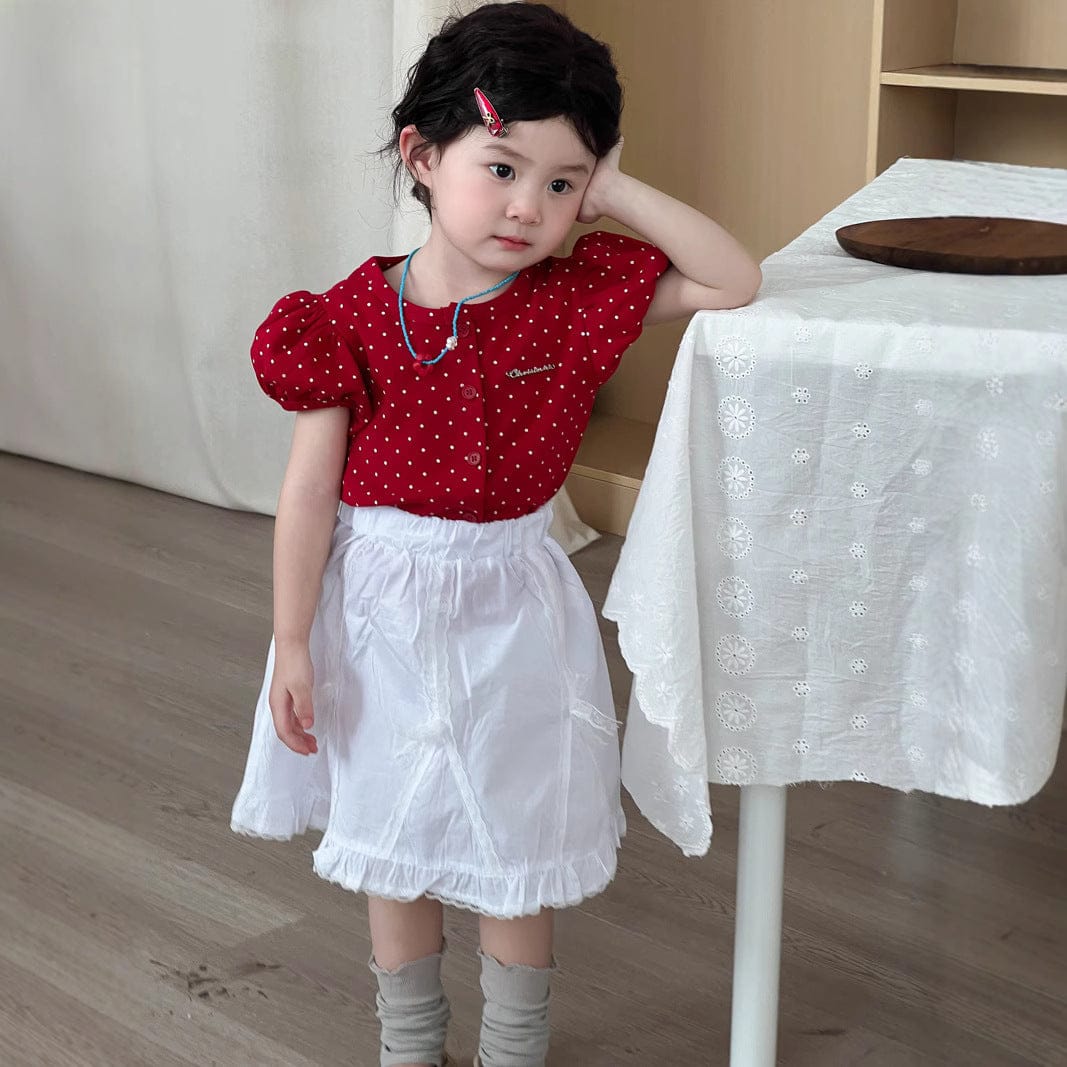 半袖セットアップ 水玉プリント半袖パフスリーブブラウス/レースフリルスカート【mh0009728】