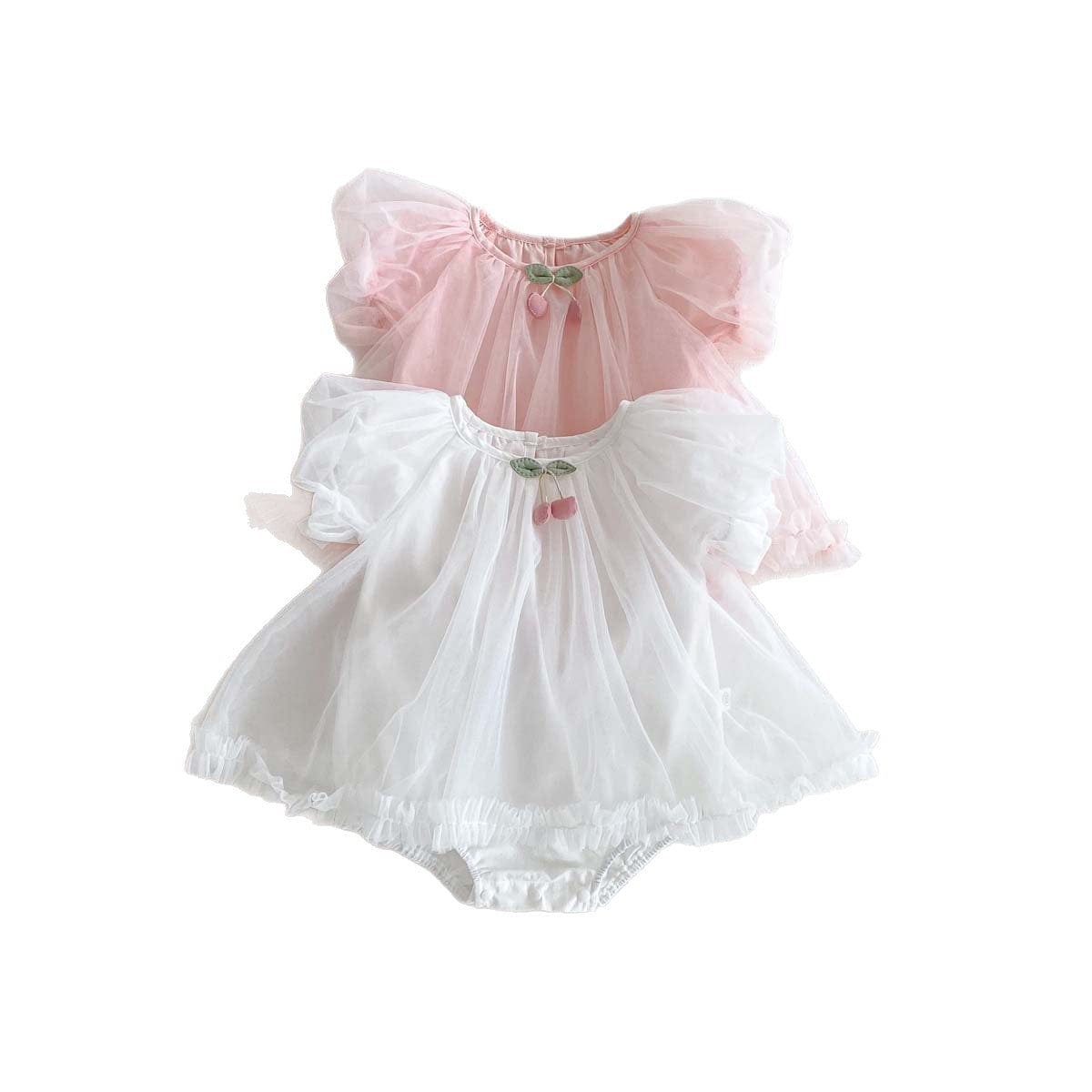 半袖ロンパース チェリーチュチュチュールスカート半袖パフスリーブドレスロンパース【mh0009753】