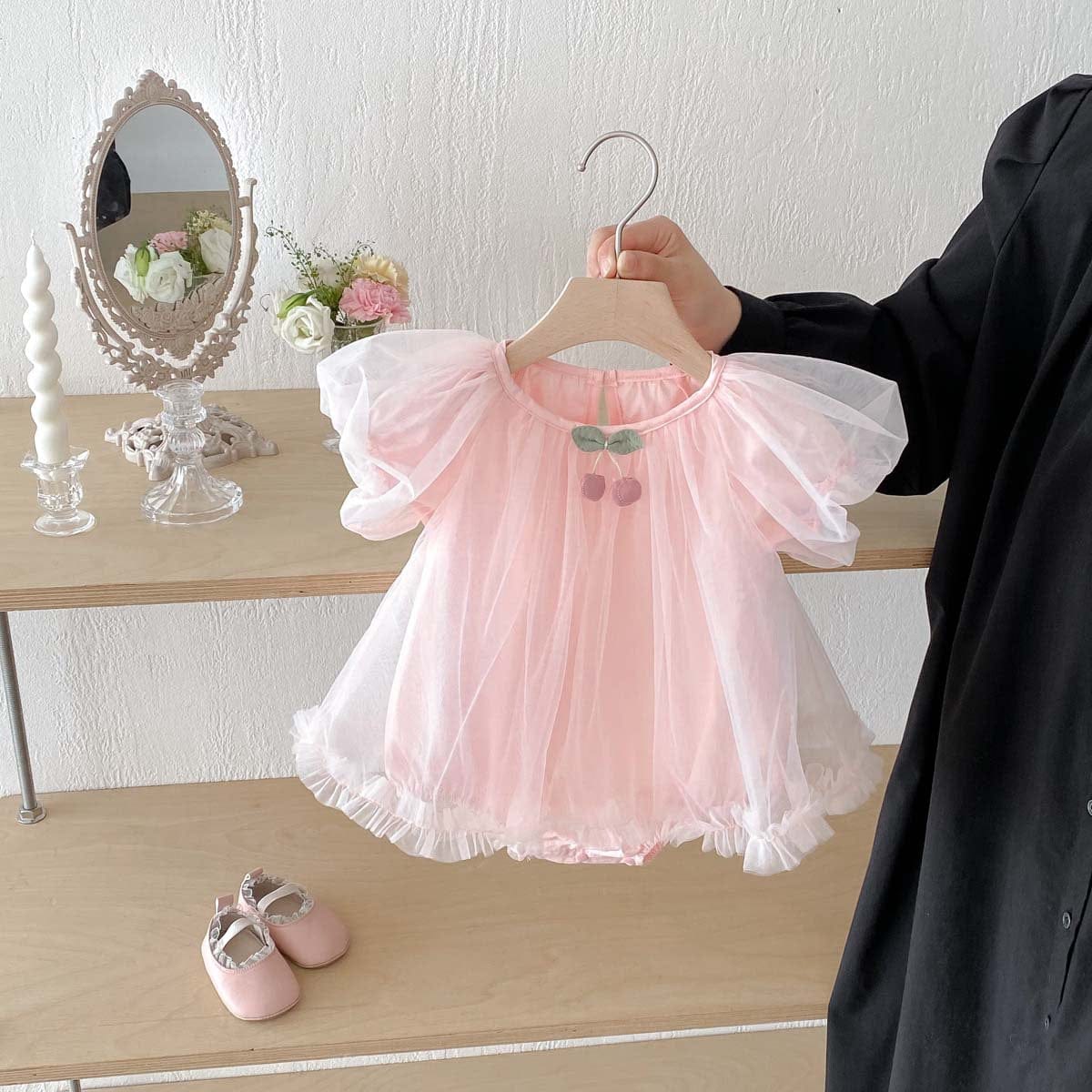 半袖ロンパース チェリーチュチュチュールスカート半袖パフスリーブドレスロンパース【mh0009753】