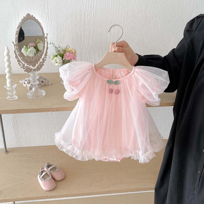 半袖ロンパース チェリーチュチュチュールスカート半袖パフスリーブドレスロンパース【mh0009753】