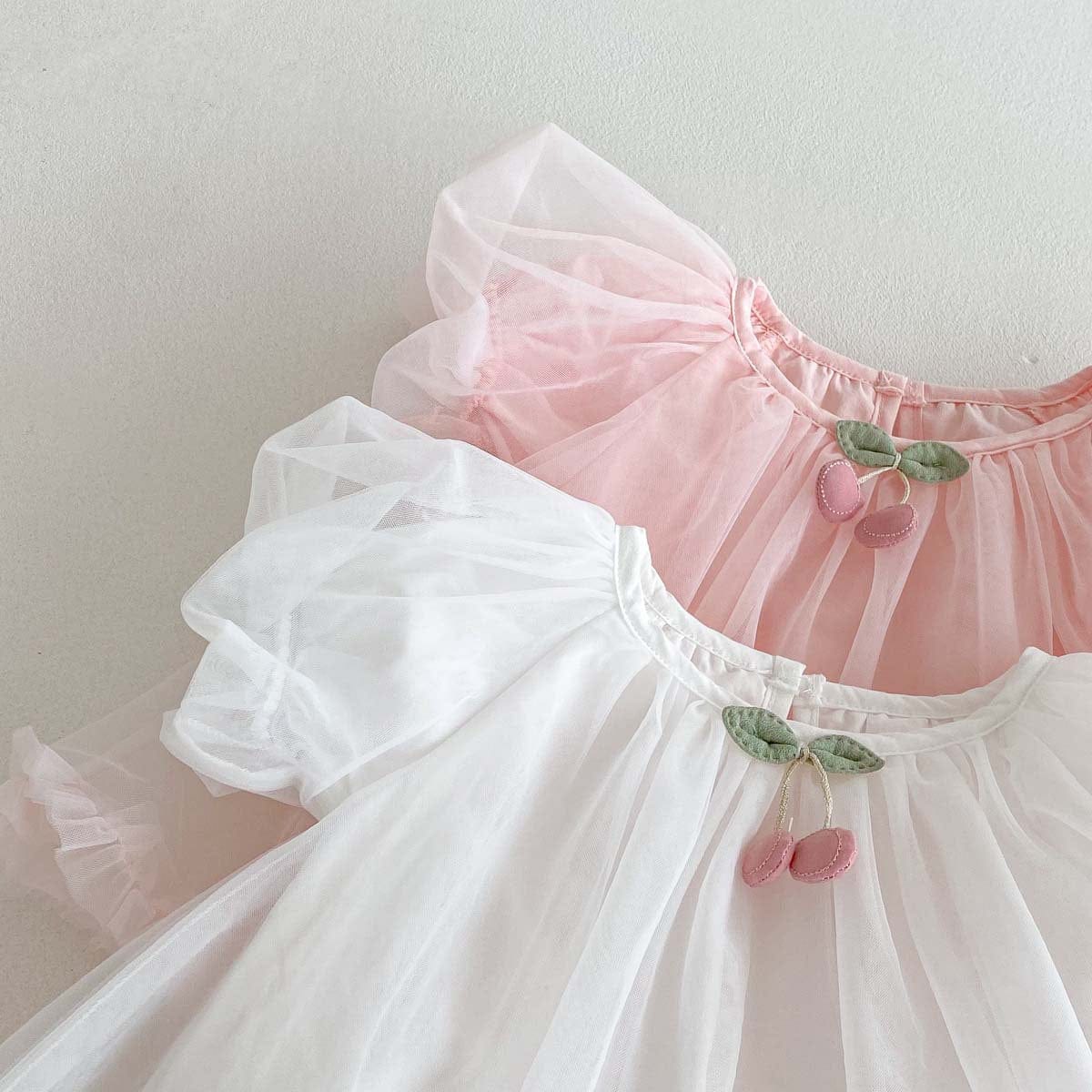 半袖ロンパース チェリーチュチュチュールスカート半袖パフスリーブドレスロンパース【mh0009753】