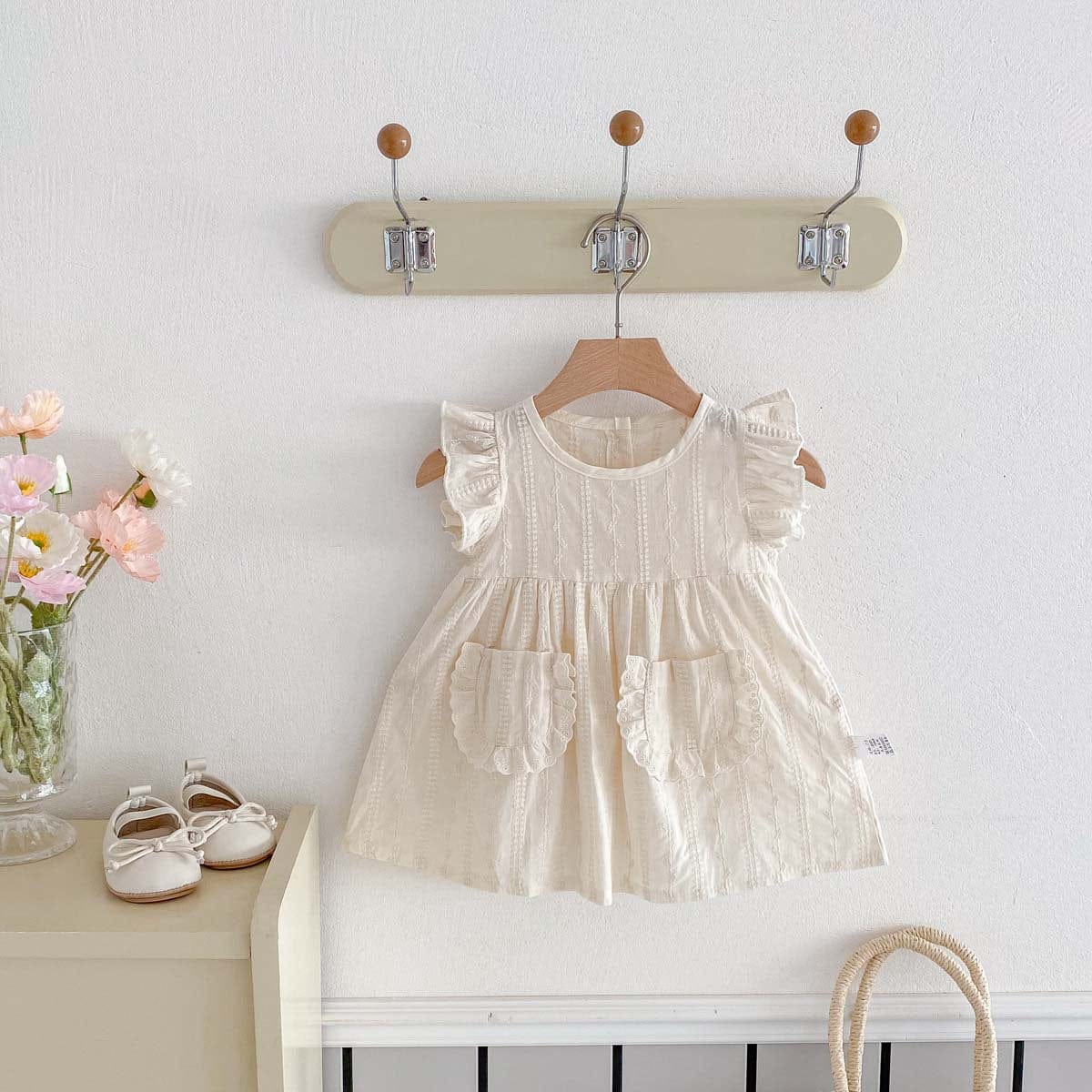 ノースリーブワンピース 刺繍レースポケットフリルスリーブワンピース【mh0009757】