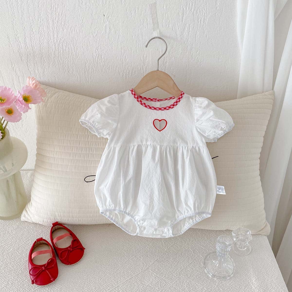 半袖ロンパース オープンハートチェックバイピング半袖ロンパース【mh0009758】