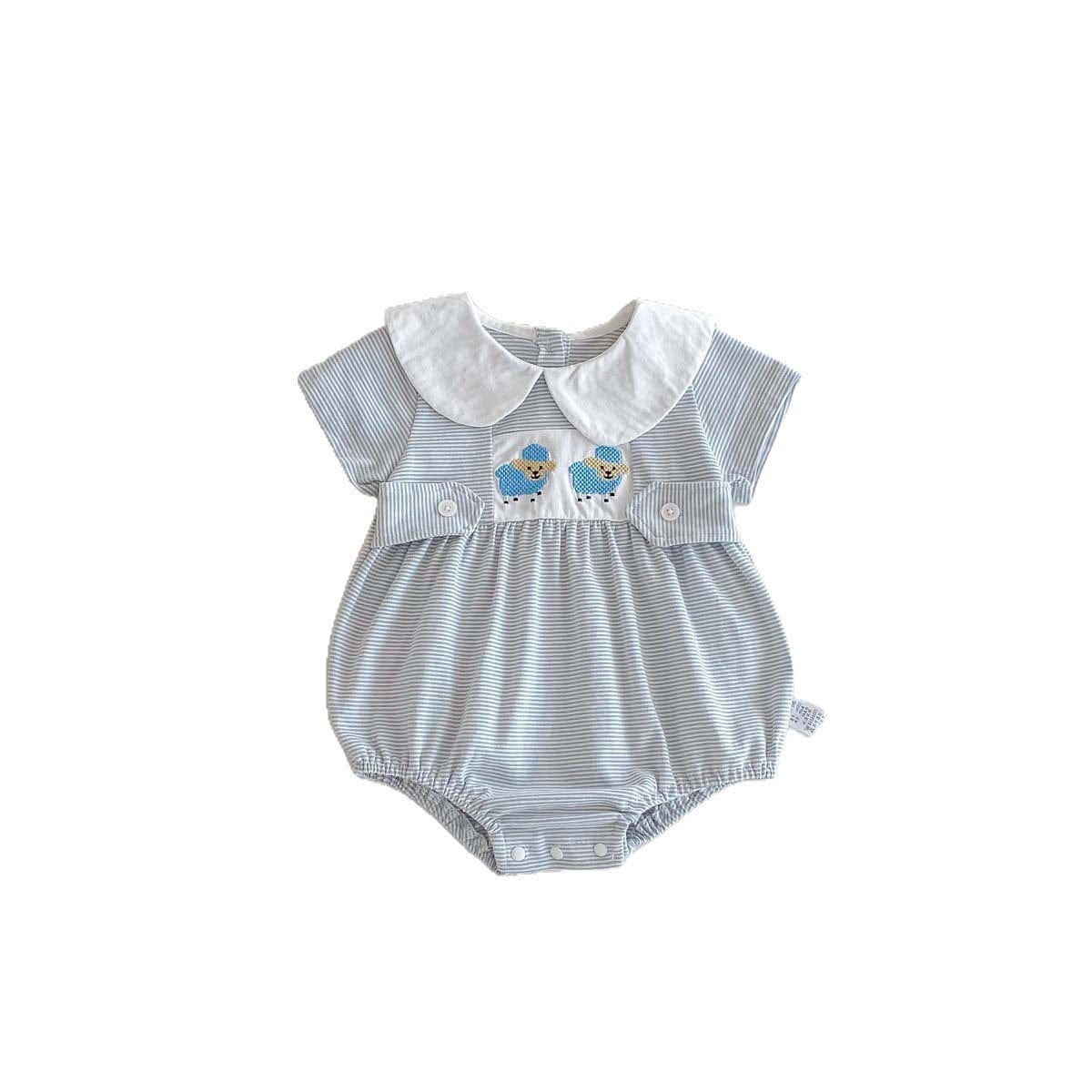 半袖ロンパース ひつじ刺繍丸襟ボーダー半袖ロンパース【mh0009759】