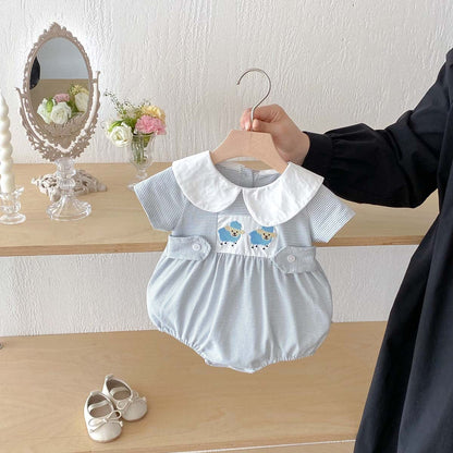 半袖ロンパース ひつじ刺繍丸襟ボーダー半袖ロンパース【mh0009759】