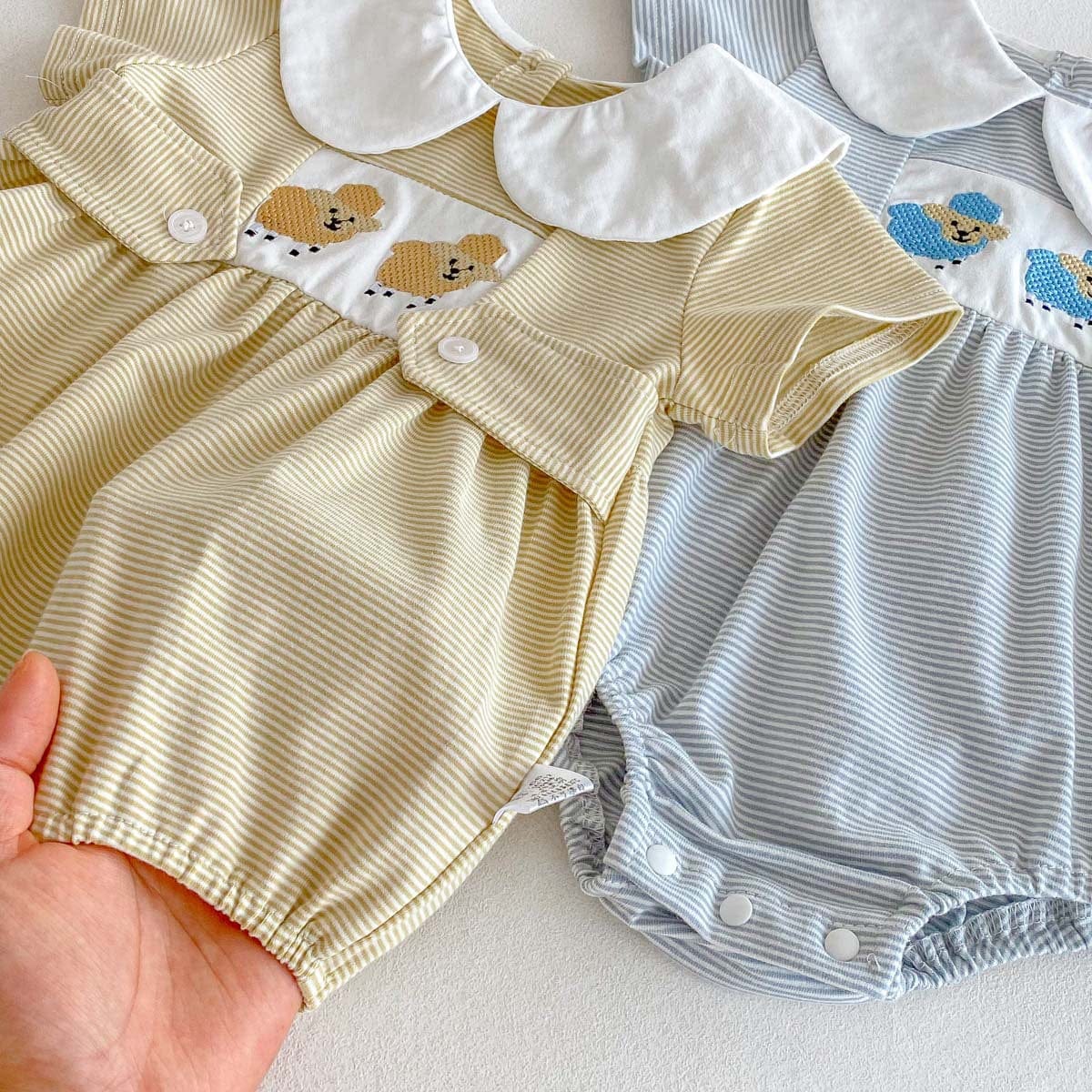 半袖ロンパース ひつじ刺繍丸襟ボーダー半袖ロンパース【mh0009759】