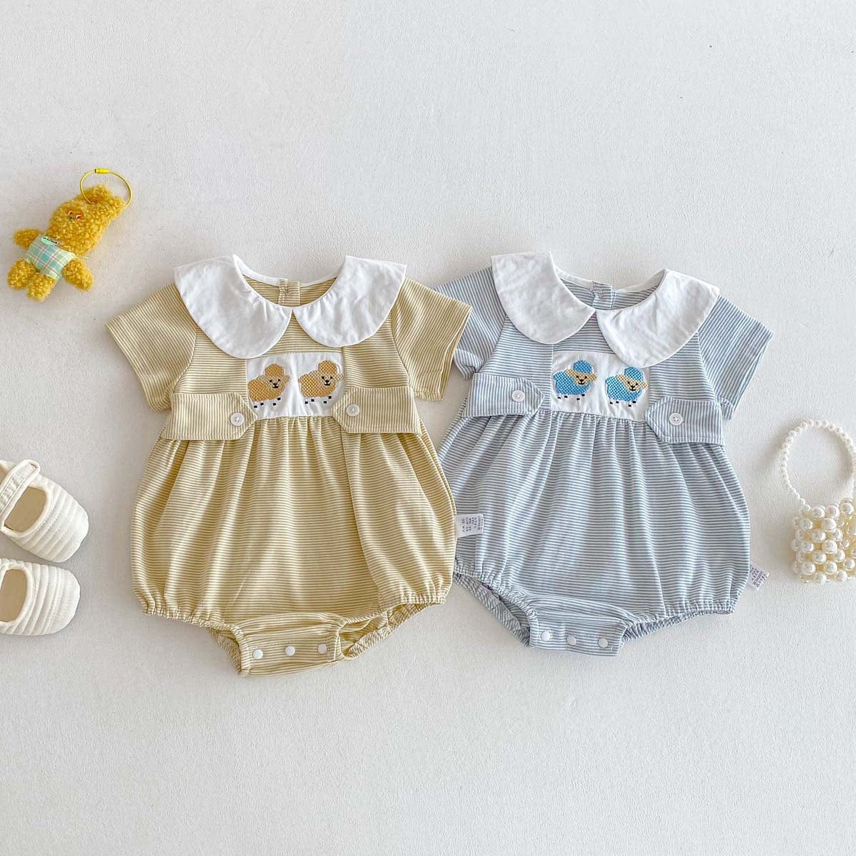 半袖ロンパース ひつじ刺繍丸襟ボーダー半袖ロンパース【mh0009759】